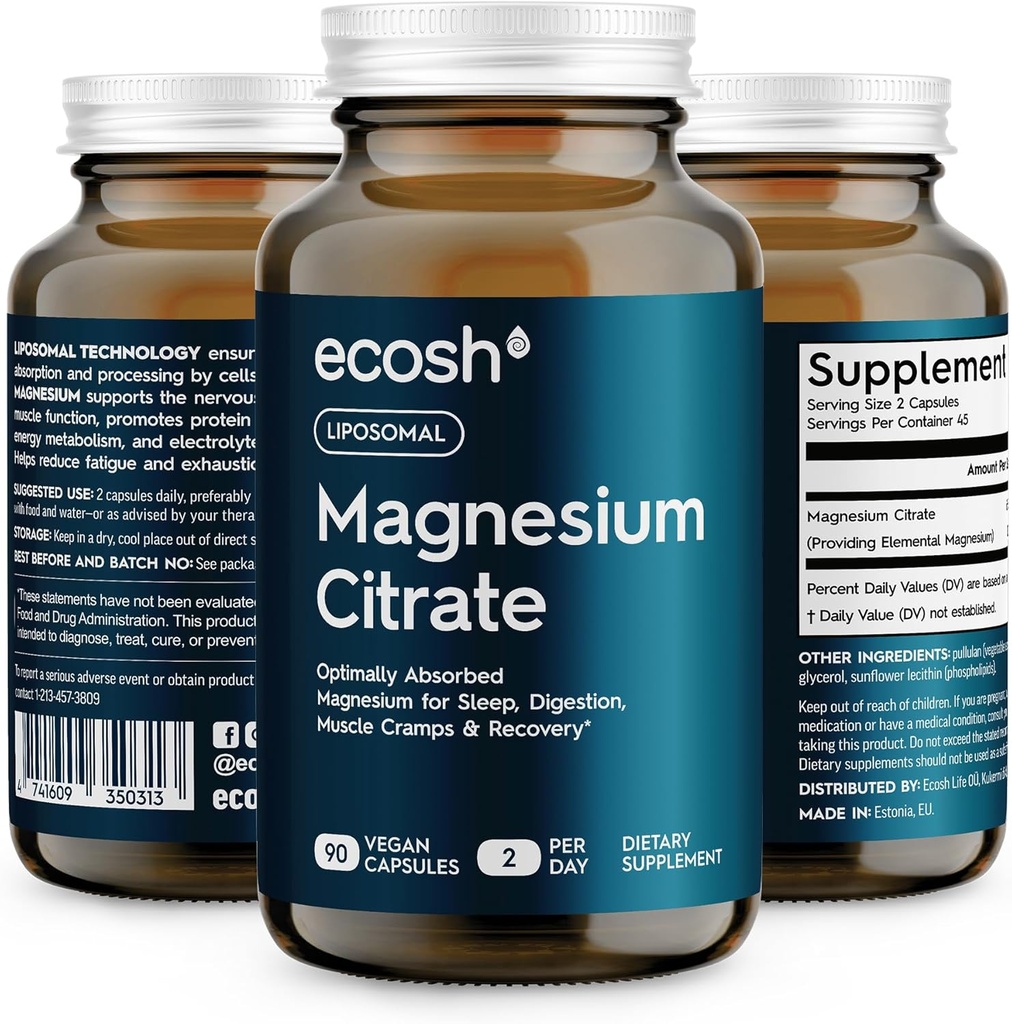 Liposomal Magnesium Citrate Capsules — High Absorption Magnesium Supplement for Constipation, Sleep, Muscle Cramps & Recovery | High Potency Mg | Easy to Swallow Veg Capsules | Non-GMO | 90 ct