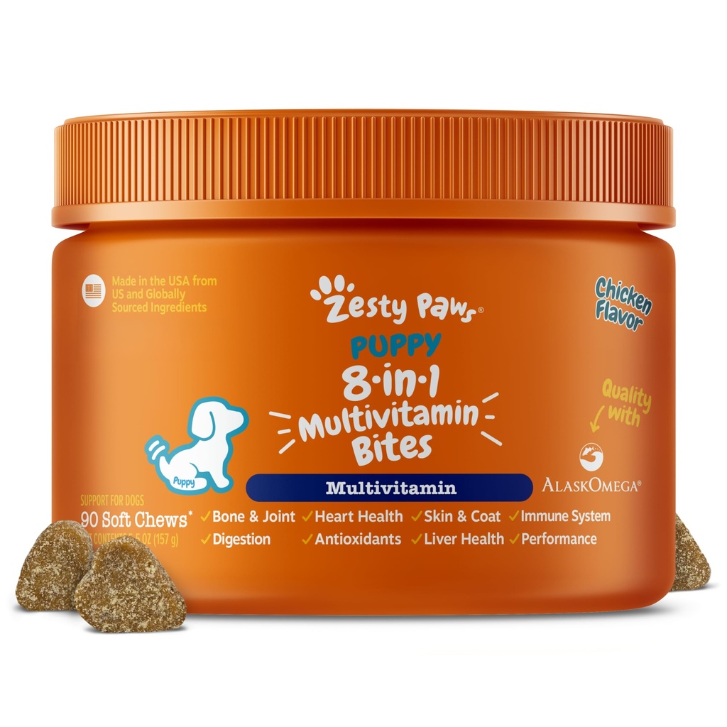 Zesty Paws Dog Multivitamin, Hip & Commons, Skin & Coat, Omega 3 Fish Oil for Dogs- Puppy Multivitamin - Tavuk Puppy Bites- 90ct