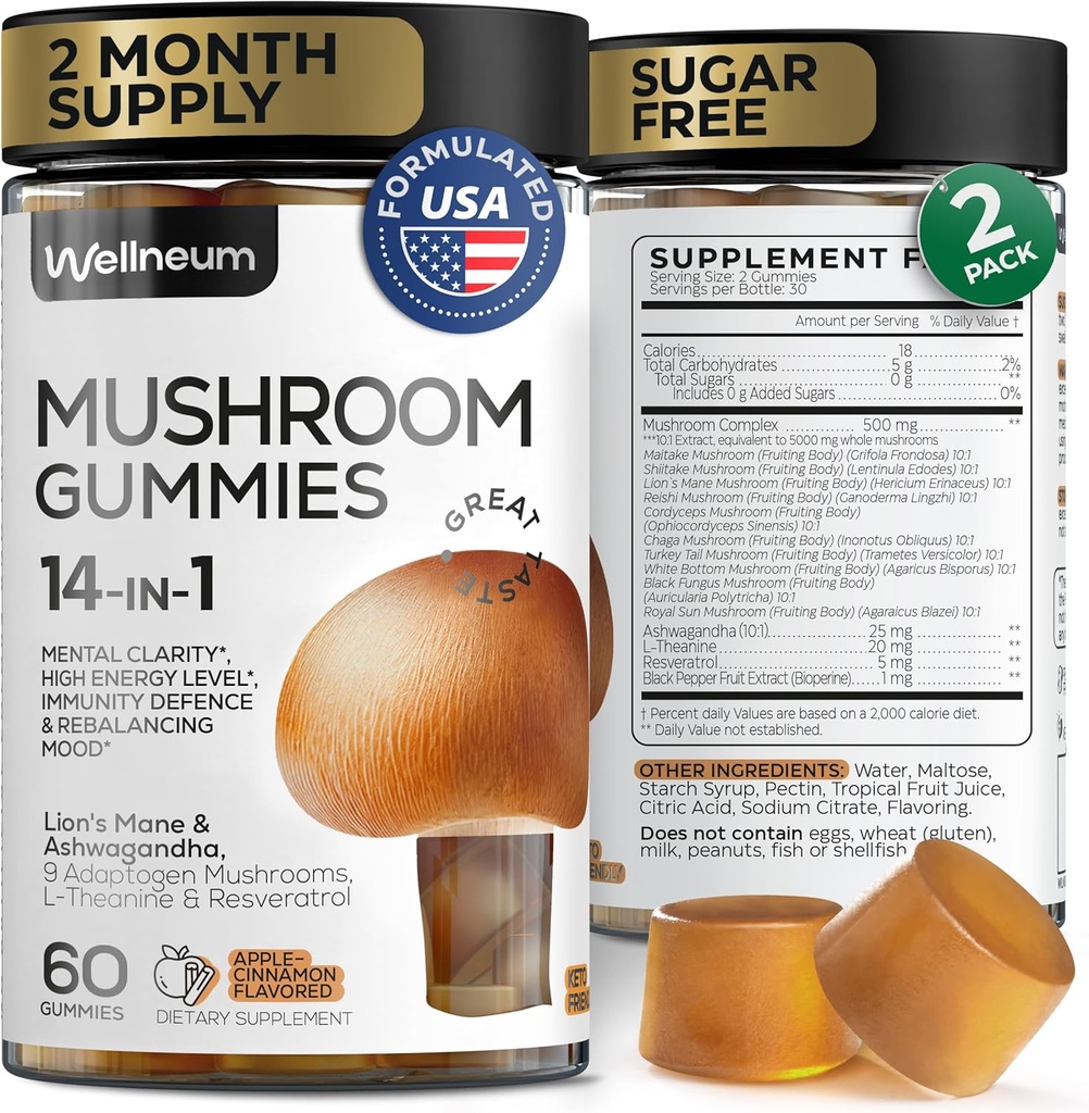 Mushroom Gummies 5000 Mg 120 Adet (2 Pack) - Lion's Mane ve 9 Adaptojenik Mushrooms Meeting - Ashwagandha, L-Theanine - Mushroom Gummies for Energy, Immunity, Focus, Brain Boost - No Sugar and GMO