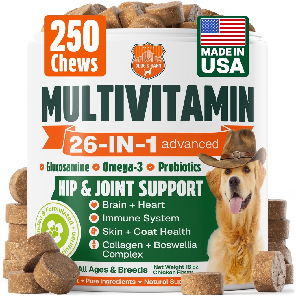 Dog Vitamins and Supplements 250 Chews - 26 in 1 Dog Multivitamin Soft Chews with Glucosamine, Chondroitin, Probiotics, Omega 3 - Hip & Joint, Skin & Coat, Immune Support - Chicken Flavor