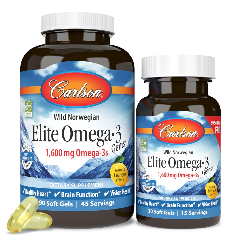 Carlson Labs Elite Omega-3, 1600 mg, Gems Fish Oil Soft Gels, Natural Lemon Flavor, 2 Pack (120 Count each)