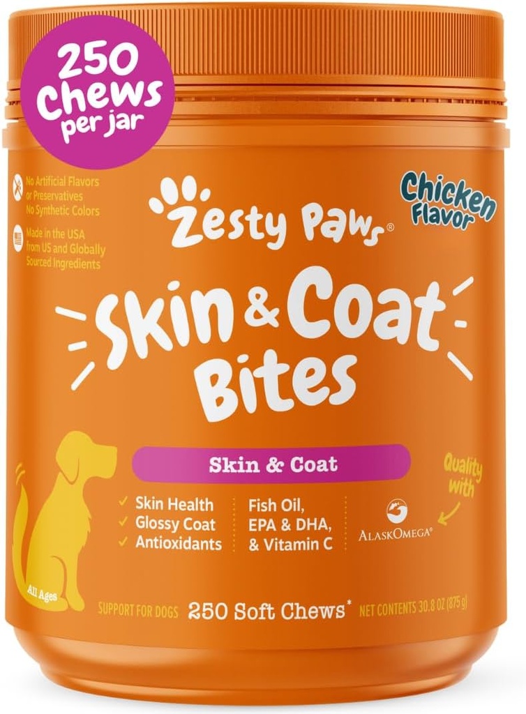 Zesty Paws Omega 3 Balık Yağı Köpekler için - Zesty Paw Köpek Vitaminleri ve Hip, Ortak & Skin, Chicken (250 Chews)