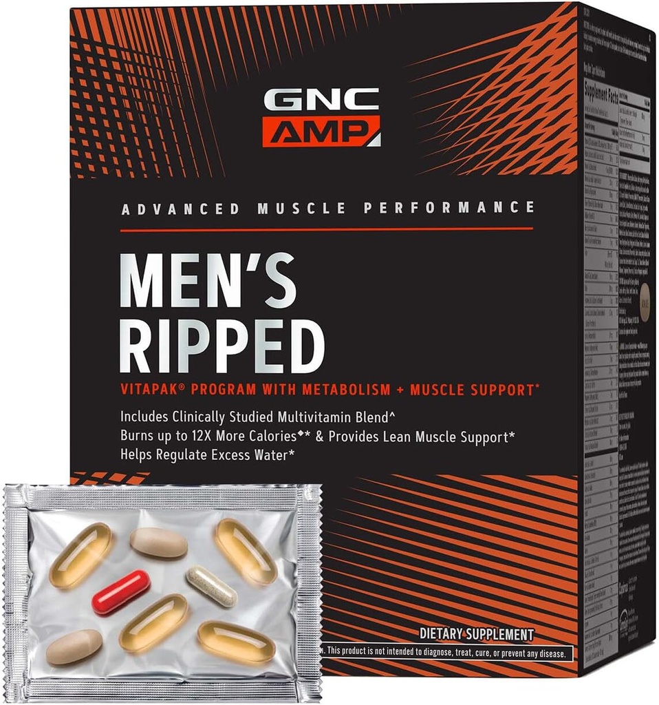 GNC AMP Πρόγραμμα Vitapak ανδρών, 4 σε 1 πακέτο βιταμινών προϊόντων, Μεταβολισμός & Lean μυϊκός τόνος, θερμίδες καύσης, χύτευση νερού, Ενήλικη πολυβιταμίνη, καφεΐνη, CLA, Αποδεδειγμένα συστατικά, 30-ημέρα προσφοράς