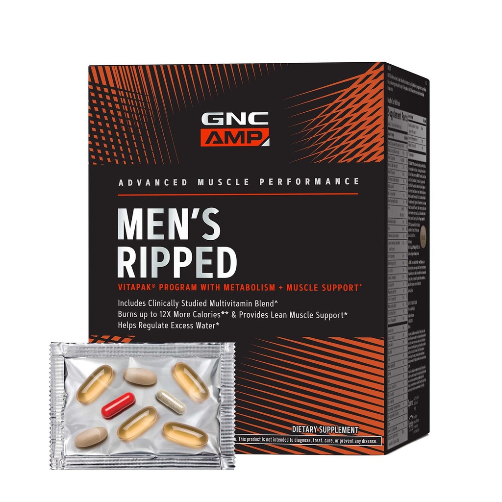GNC AMP Erkeklerin Ripped Vitapak Programı, 1 Ürün Vitamin Paketi, Metabolism & Lean Muscle Tone, Burn Calories, Water Shedding, Adult Multivitamin, Caffeine, CLA, Proven Malzemeler, 30-Day Supply