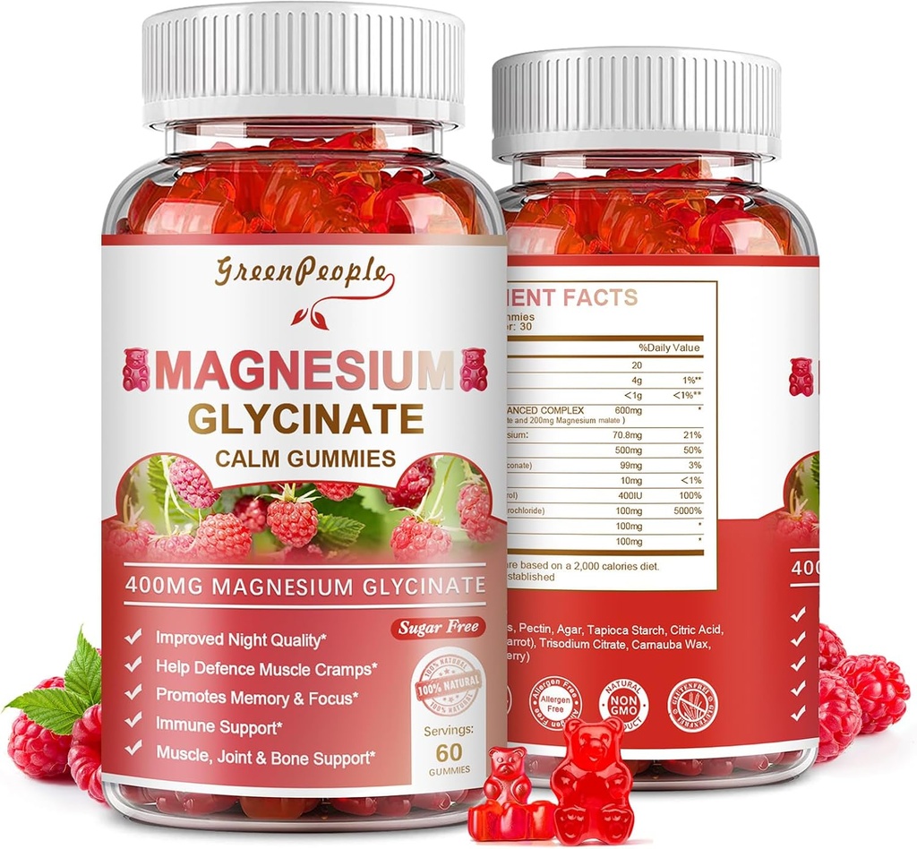 GREENPEOPLE Magnezyum Glycinate Gummies 400 mg - Sugar Free P Magnezyumyumu Magnezyum Malate, Vitamin D, B6 ve CoQ10 Calm Desteği ve Yetişkinler için Uyku - Raspberry Gummies