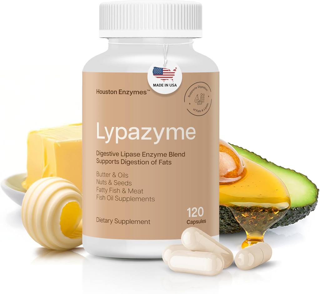 Houston Enzymes – Lypazyme Lipase Digestive Enzymes for Women and Men –120 Capsules – 3 Enzyme pladown of Triglyceride Fats, Enzyme for Digestion of High-Fat Meals & Fish