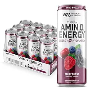 Optimum Beslenme Amino Enerji Koling Hydration Drink, Electrolytes, Caffeine, Amino Asits, BCAAs, Sugar Free, Berry Burst, 12 Fl Oz, 12 Pack