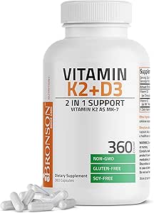 Bronson Βιταμίνη K2 (MK7) με D3 συμπλήρωμα Μη ΓΤΟ Φόρμουλα 5000 IU Βιταμίνη D3 & 90 mcg K2 MK-7 Εύκολο να καταπιούν D & K Complex, 360 κάψουλες
