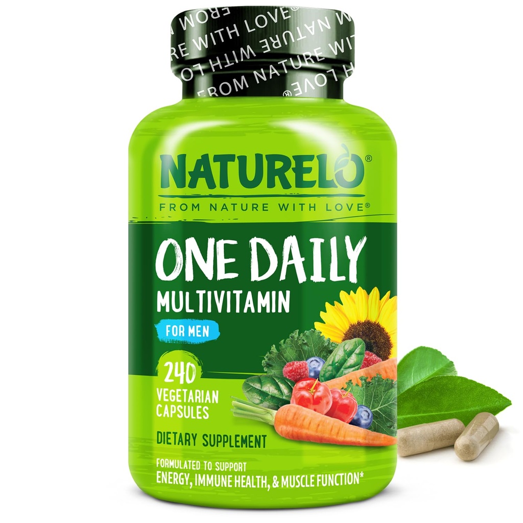NATURELO Mens Multivitamins - Μία καθημερινή πολυβιταμίνη για άνδρες με βιταμίνες, ορυκτά & οργανικά ολόκληρα τρόφιμα, ενίσχυση της ενέργειας & της υγείας, μη ΓΤΟ, 240 κάψουλες χορτοφάγων