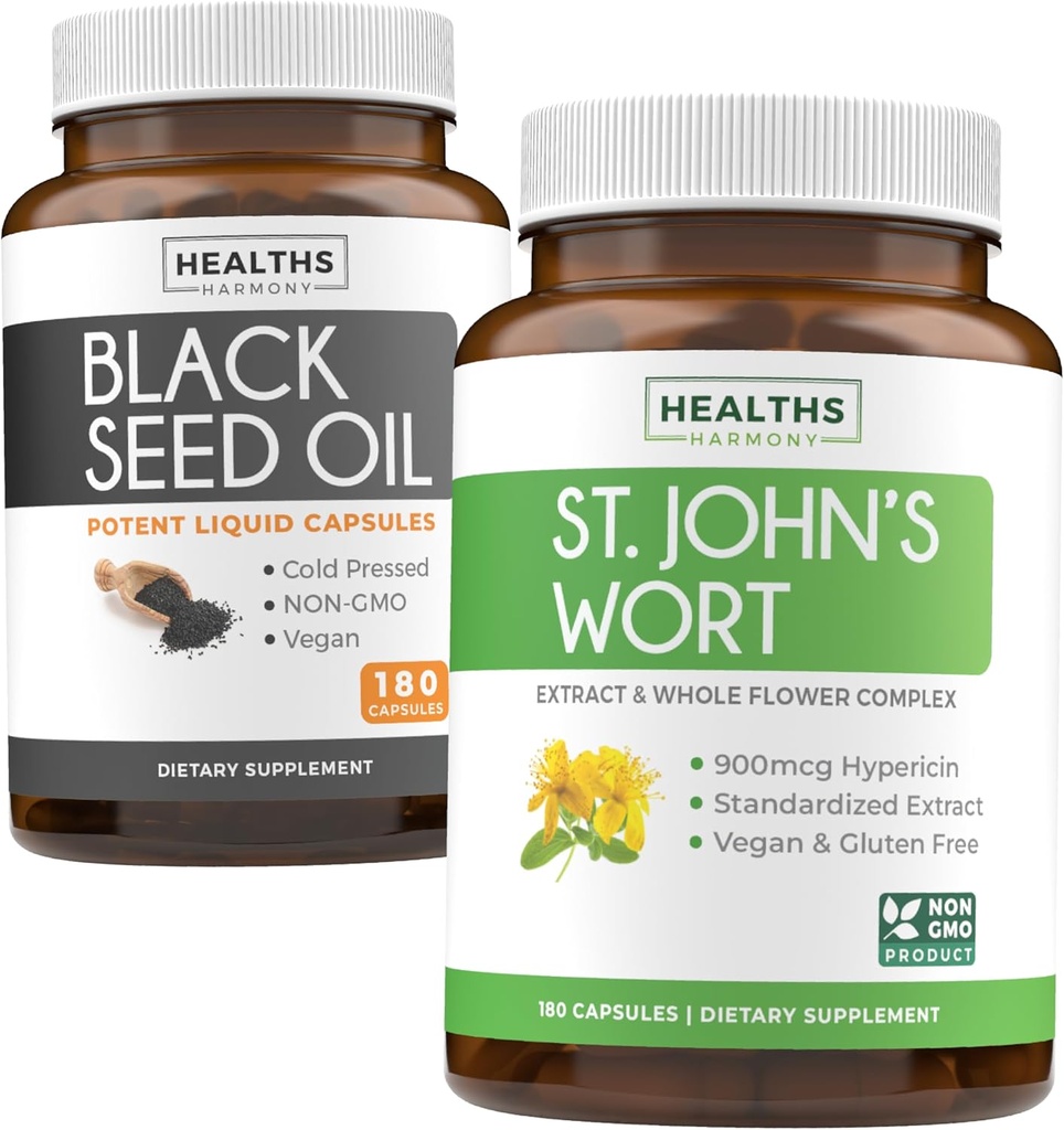 Black Seed Oil & St. John's Wort (3-Month Supply) Harmony Essence (180 Capsules) Cold-Pressed Nigella Sativa & St. John's Wort (180 Capsules) Güçlü 900mcg Hypericin