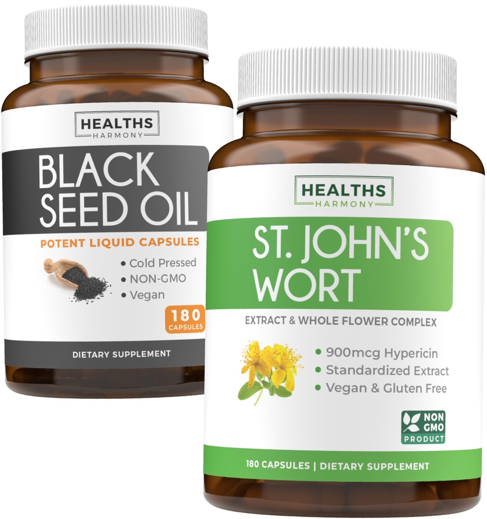 Black Seed Oil & St. John's Wort (3-Month Supply) Harmony Essence Bundle of Black Seed Oil (180 Capsules) Cold-Pressed Nigella Sativa & St. John's Wort (180 Capsules) with Powerful 900mcg Hypericin