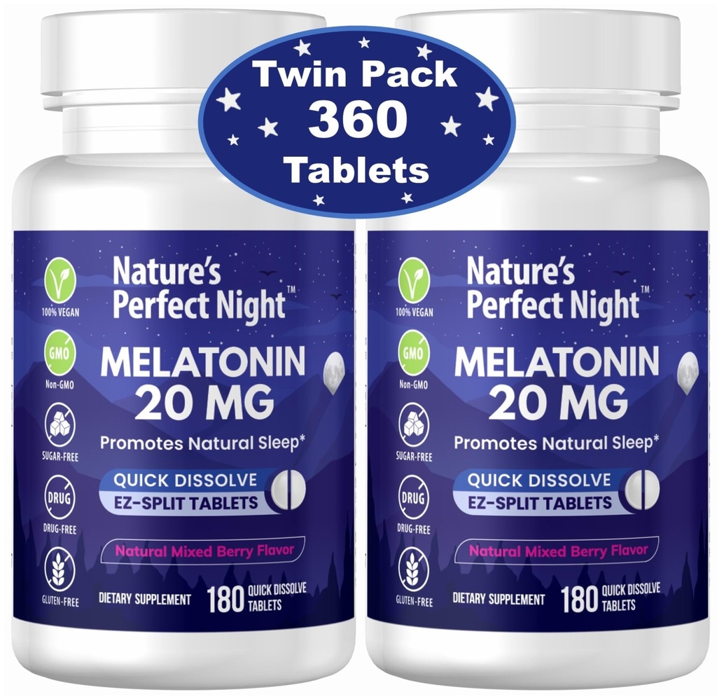Nature's Perfect Night | Melatonin 20mg | 180 Hızlı Dissolve Tabletler, 2Pack | Natural Karma Berry Flavor | Yüksek Potency | Sugar Free | Vegan | Gluten Free | 2 Count