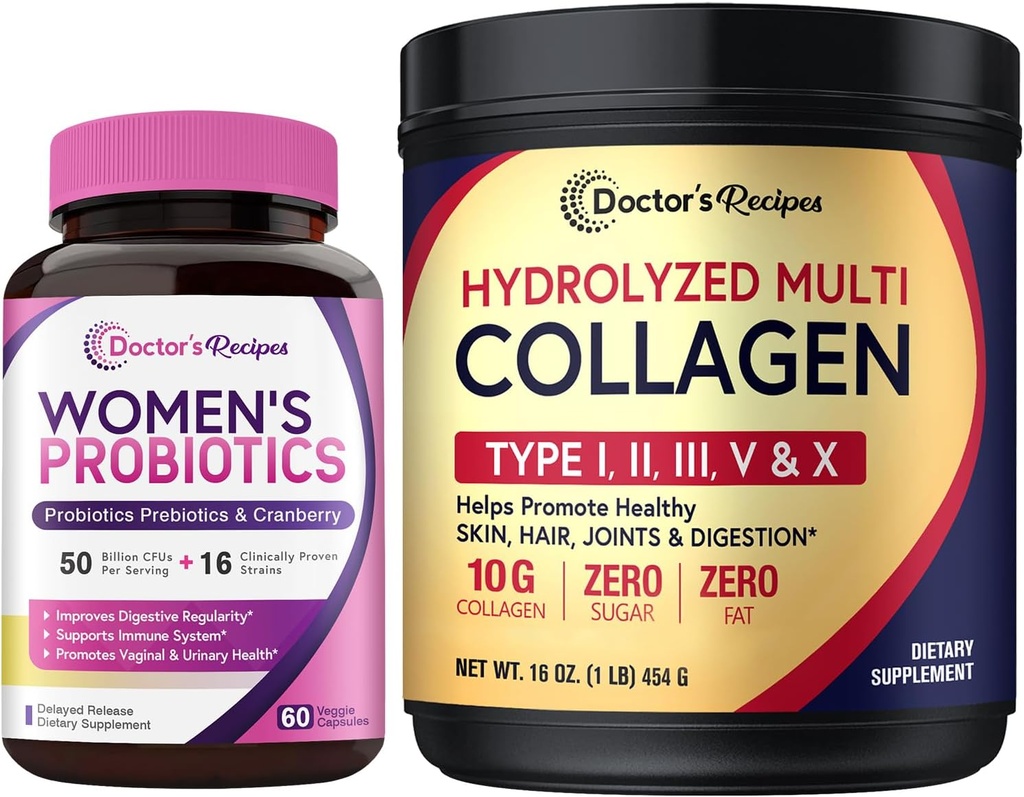 Συνταγές Doctor's Γυναικεία Προβιοτικά & Multi Collagen Powder Bundle, Συσκευασία Αξίας για Κολπικό, Δέρμα, Μαλλιά, Υγεία Καρφιών, Όχι Γλουτένη, Pro (60 Κάψουλες) & Collagen (45 Υπηρεσίες)