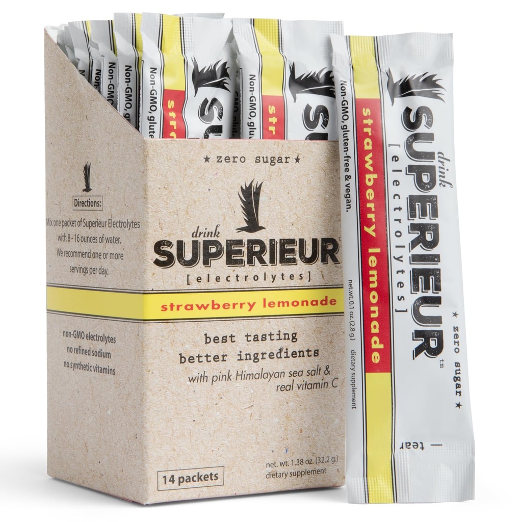 Superieur Electrolyte Toz Packets- Vegan Electrolyte Hydration Toz w/Sea Minerals- Keto Friendly, Non-GMO, Zero Sugar Electrolyte Supplement-Healthy Sports Drink-Strawberry Lemonade (14 Packets)