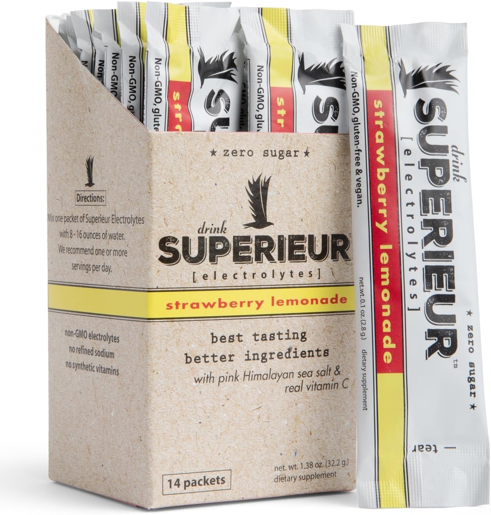 Superieur Electrolyte Toz Packets- Vegan Electrolyte Hydration Toz w/Sea Minerals- Keto Friendly, Non-GMO, Zero Sugar Electrolyte Supplement-Healthy Sports Drink-Strawberry Lemonade (14 Packets)