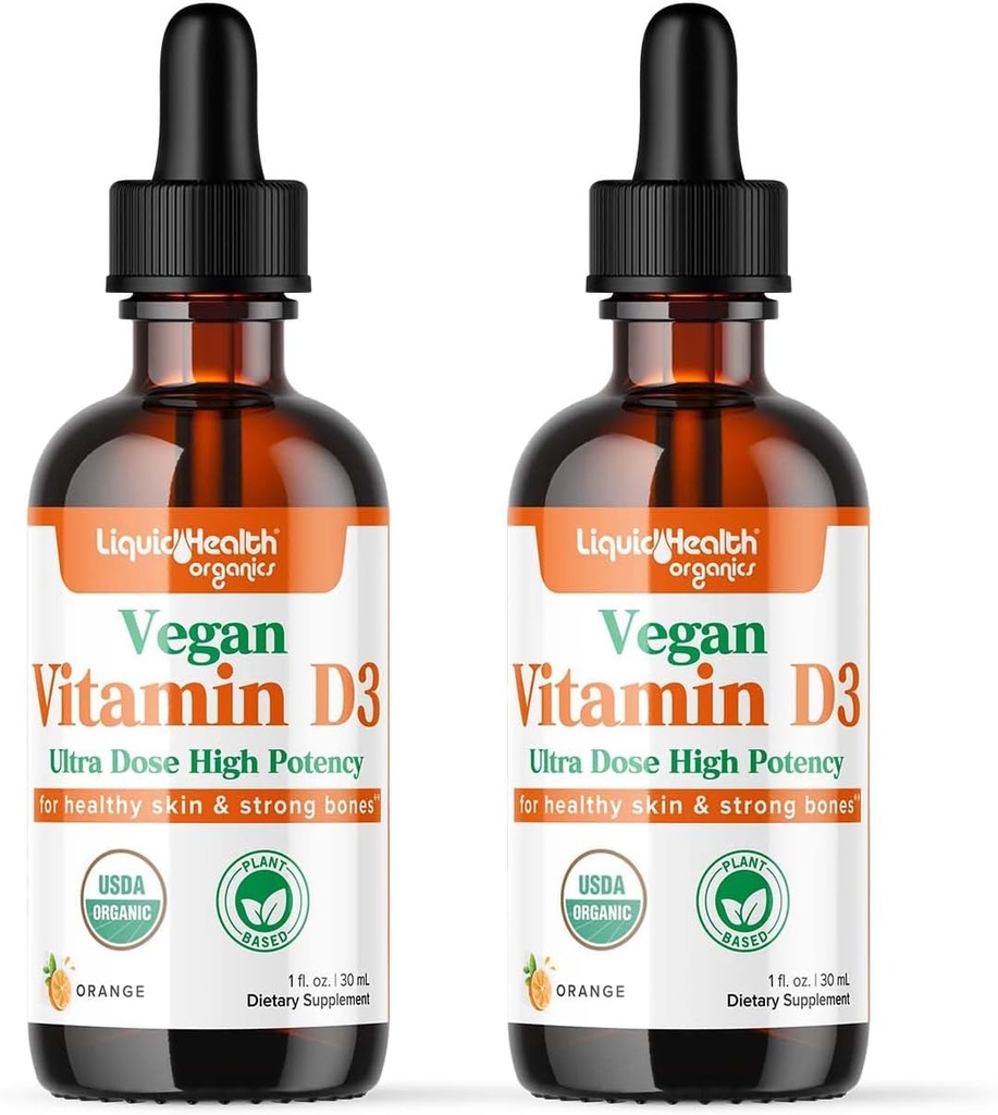 LIQUIDHEALTH Vitamin D3 4000 IU, USDA Organic Vitamin D Υγρές σταγόνες για ενήλικες & παιδιά, Vegan Vitamin D για την υποστήριξη ανοσοποιητικού συστήματος, την υγεία των οστών, την υποστήριξη της διάθεσης, υγιές δέρμα - Made in USA (2 Pack)