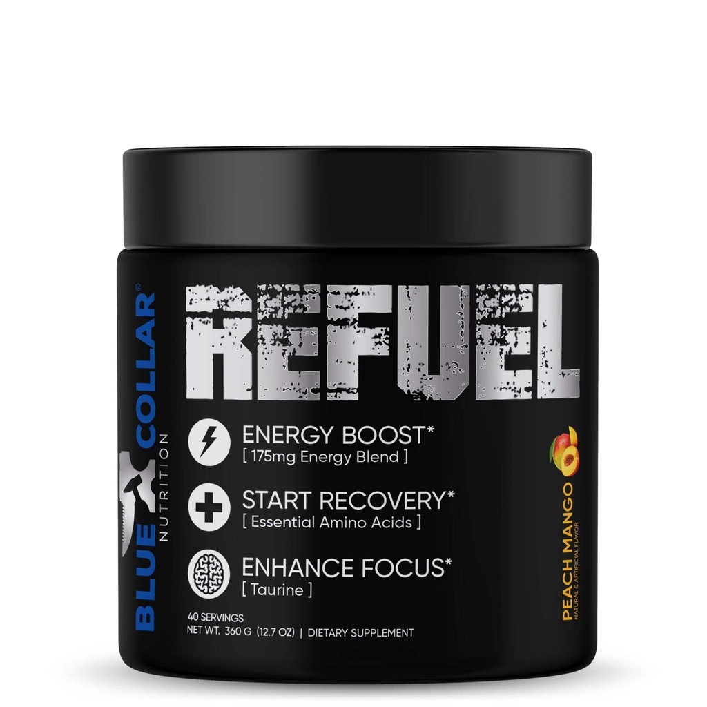 BLUE COLLAR NUTRITION Refuel Energy Drink, EAA Recovery, 40 Servings, Peach Mango, Amino Acids, Muscle Recovery (Peach Mango)