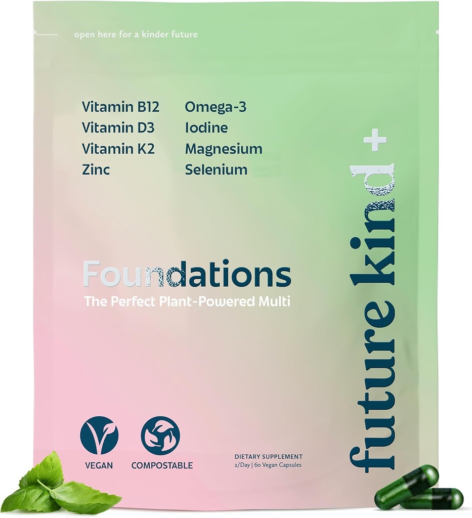 Future Kind Carragenan-Free Foundations Multivitamin for Women & Men with Omega-3, B12, D3, Zinc, Iodine, Magnesium, K2 & Selenium, Vegan, Compostable Bag (60ct)