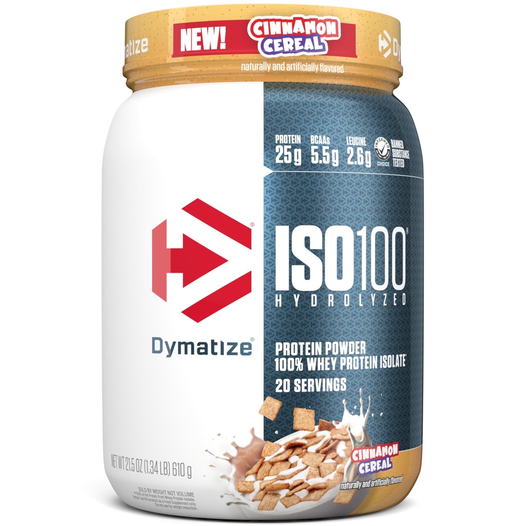 Dymatize ISO100 Whey Protein Powder Isolate, Cinnamon Cereal, 25g Protein, 5.5g BCAAs, λιγότερο από 120 Cal., Gluten Free, 1g Λίπος, 1g Ζάχαρη, 2g Carb (20 Servings)