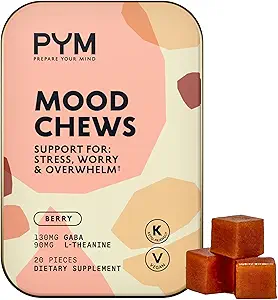 PYM Berry Mood Chews Stres, Endişe ve Overwhelm için Destek, 20 Kont | 130 mg GABA, 90 mg L-Theanine | Vegan, Non-GMO, Gluten-Free, No Add Sugar | All- Natural Mood Balance Supplement Made in USA
