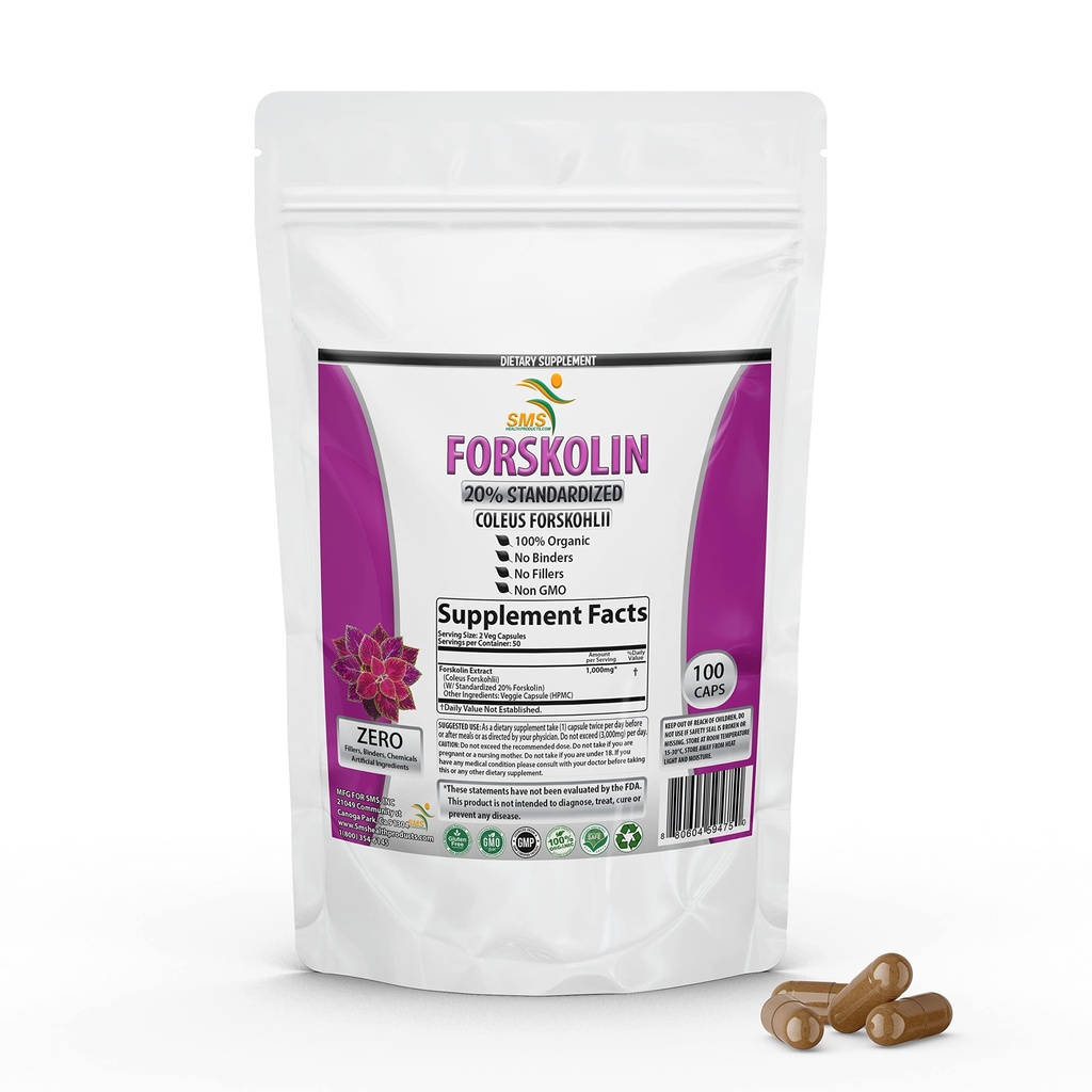 Pure Forskolin Extract Supplement with Potent Coleus Forskohlii% 20 Standardized 1000 mg for improve Energy - Plant-Based Energy Supplements for Women and Men - 100 Veggie Capsules