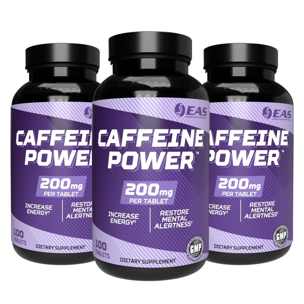 EAS Caffeine Power 200mg | Caffeine Pills Supplement | Increase Energy & Restore Mental Alertness | Gluten Free, Non GMO, Vegetarian Friendly | 100 Tablets (Pack of 3)