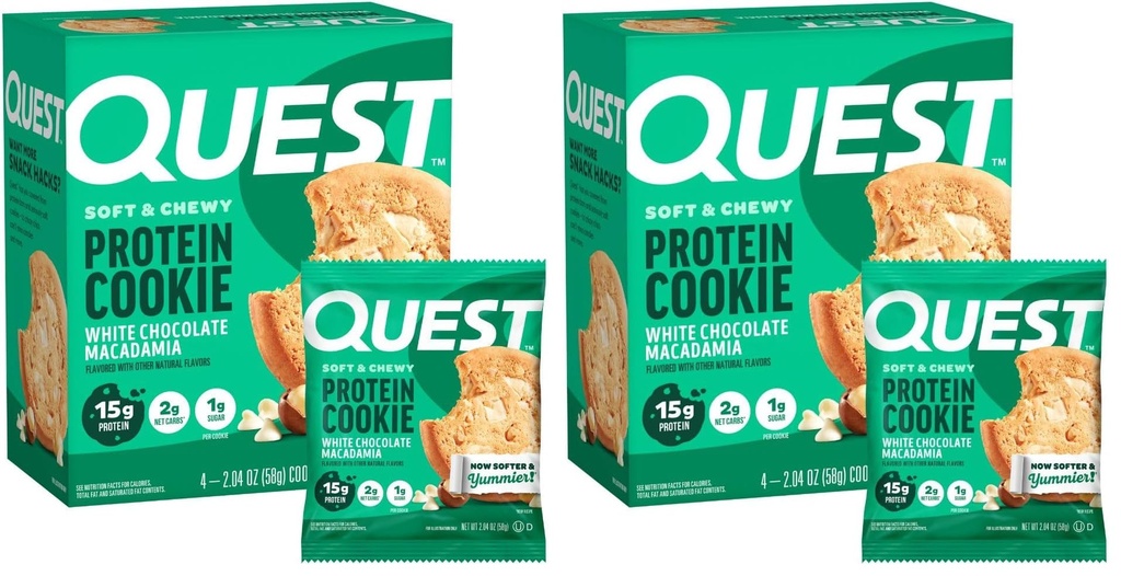 Quest Nutrition White Chocolate Macadamia Protein Cookie,15g Protein,1g Sugar,2g Net Carbs,Keto Friendly,High-Protein,Low Carb;,4 Count (Pack of 2)