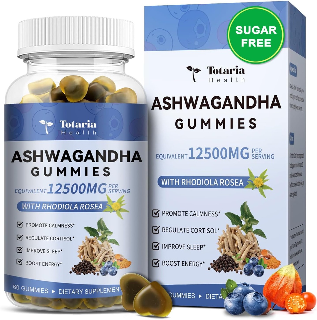 Totaria Sugar Free Ashwagandha, Gummies 2500 mg w/Vitamin D3, Magnezyum Glycinate, Rhodiola, Ultra Strength Ashwa Root Supplements for Women & Wen, for Relaxation, Energy, Blueberry Flavor
