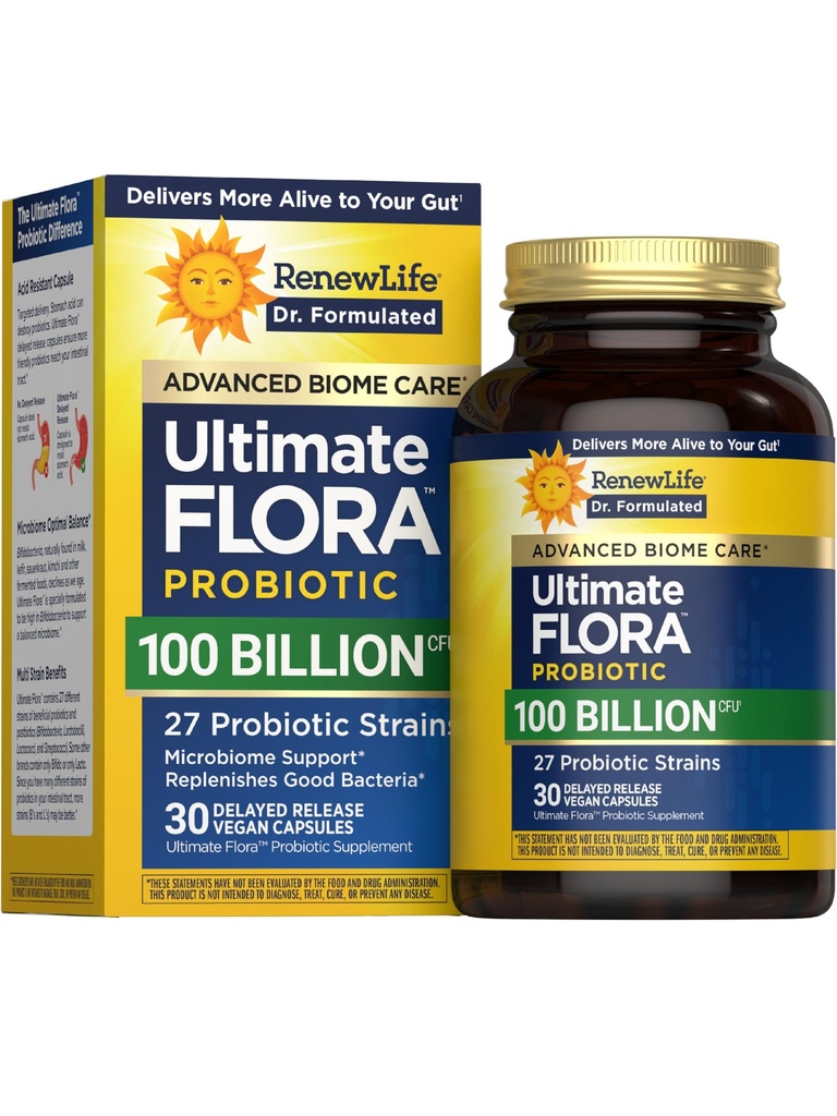 Renew Life Ultimate Flora Probiotics 100 Billion CFU Delayed Release Vegan Capsules | Doctor Formulated | Digestive Health | Immune Health | Dairy Free | 30 Count