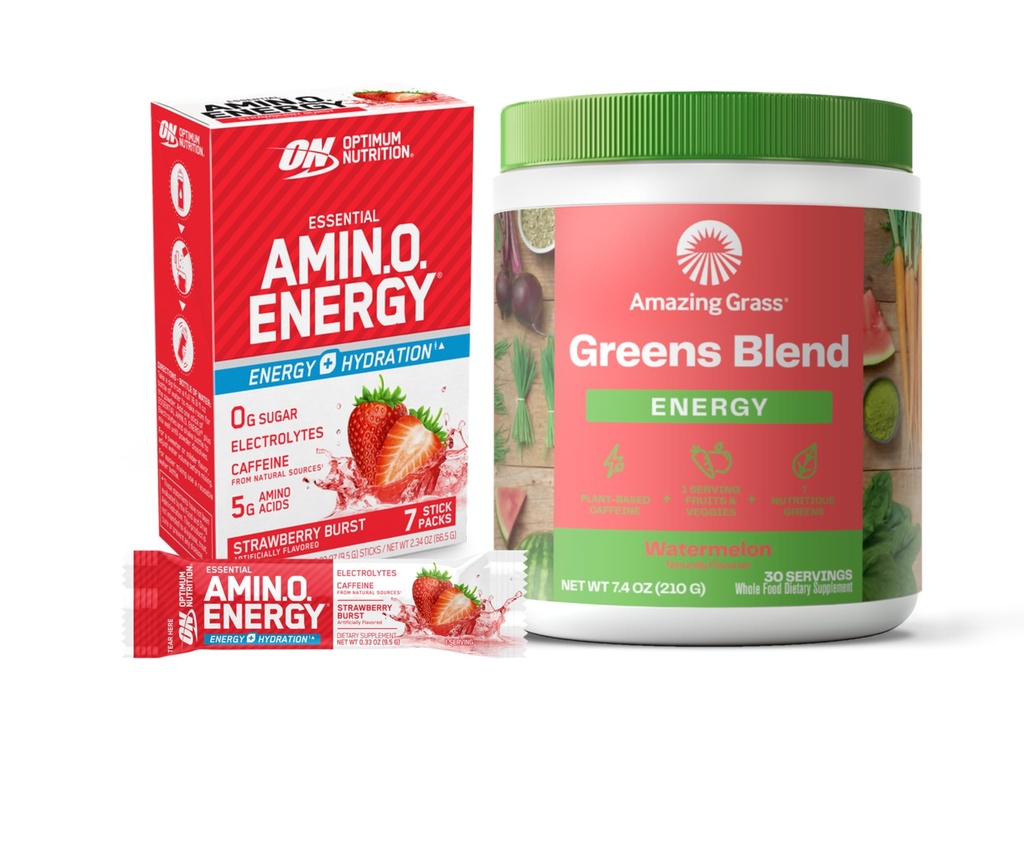 Amazing Grass Bundle: Optimum Nutrition Amino Energy Plus Electrolytes Stick Packs Strawberry Burst, 7 Count Greens Superfood Energy: Watermelon with Plant Based Caffeine 30 Servings