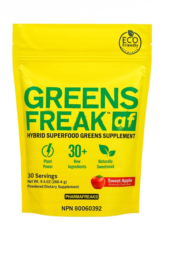Pharmafreak Greens Freak Super Greens Powder for Gut Health, Energy & Immunity – 30+ Superfoods, Spirulina, Chlorella, Wheatgrass, Probiotics & Digestive Enzymes – Naturally Sweetened – 30 Servings
