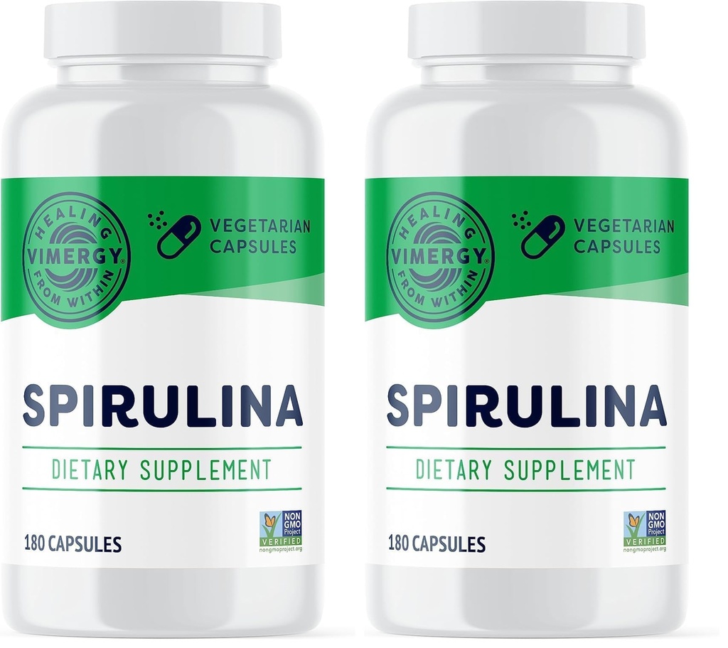 Vimergy Spirulina Capsules – Concentrated Plant Protein Supports Immune Health & Cardiovascular Function – Vegan, Kosher, Gluten-Free – 180 Capsules (Pack of 2)