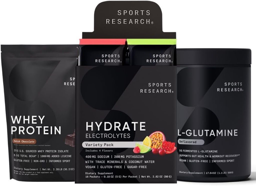 Sports Research Multi Flavor Hydrate Electrolytes Packets, Ολλανδική σοκολάτα Γεύση Whey Protein Isolate Powder και μη αρωματισμένη L-Glutamine