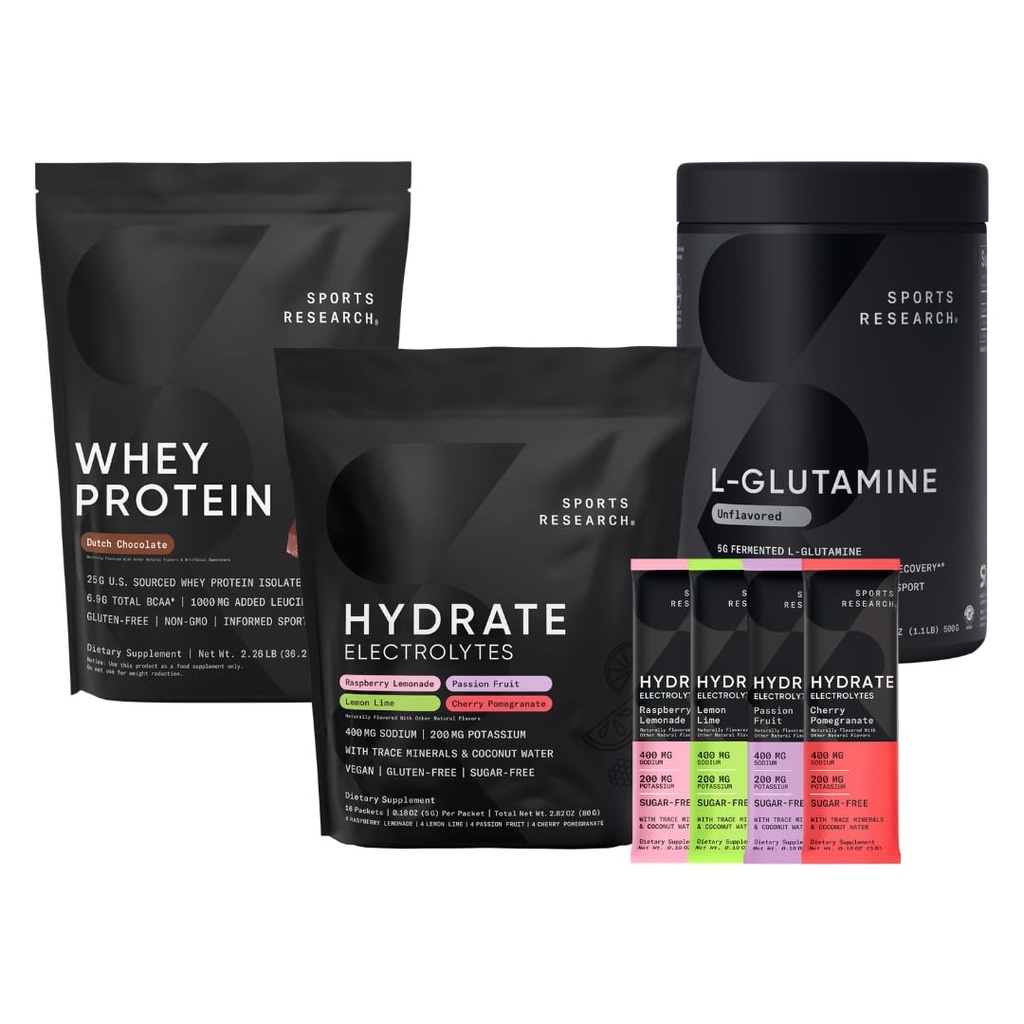 Sports Research Multi Flavor Hydrate Electrolytes Packets, Ολλανδική σοκολάτα Γεύση Whey Protein Isolate Powder και μη αρωματισμένη L-Glutamine