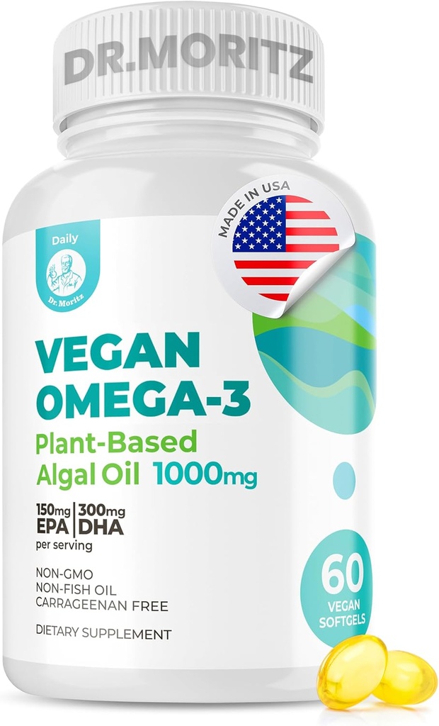 DR. MORITZ Vegan Omega-3 Yetişkinler ve Çocuklar için Softgels, DHA EPA, Küçük Algae Omega 3 Supplements, Vegan, 60 Count Count Count Count