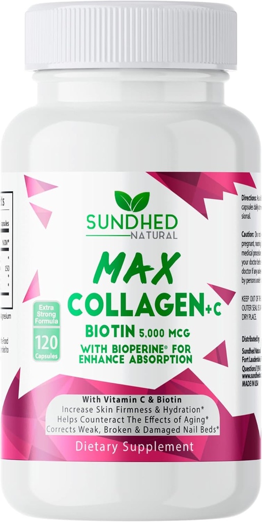 Sundhed Max Collagen Plus C - Tüm Doğal Collagen with Biotin & Bioperine to Boost Anti Aging Hydration & Skin Şirketiness - Bones & Nails (Capsules 2Month) (120 Count)