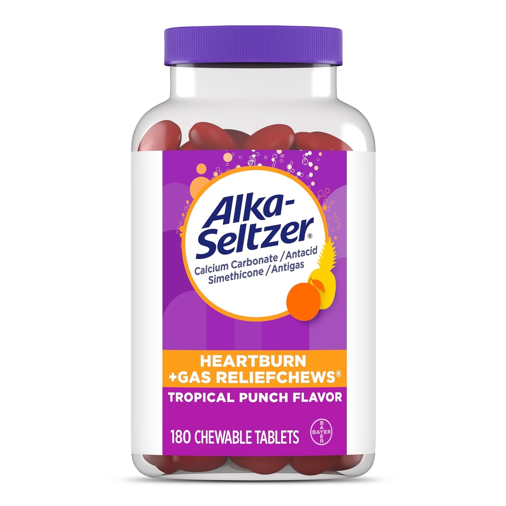 Alka-Seltzer Heartburn + Αέριο Ανακουφίζει, Αντιόξινα + μάσημα αντιγόνου για γρήγορη ανακούφιση, αέριο και οξύ δυσπεψία Στο Go, 180 Ct
