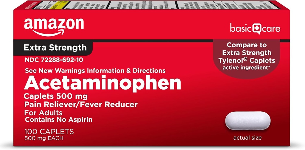 Temel Bakım Ekstra Kuvvet Ağrısı Yardımı, Acetaminophen Caplets, 500 mg, Pain Reliever/Fever Function, 100 Count (Pazarlama değişebilir)