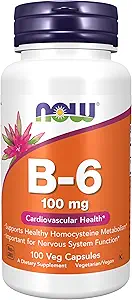 NOW Συμπληρώματα διατροφής, Βιταμίνη Β-6 (Pyridoxine HCl) 100 mg, Καρδιαγγειακή Υγεία *, 100 κάψουλες Veg