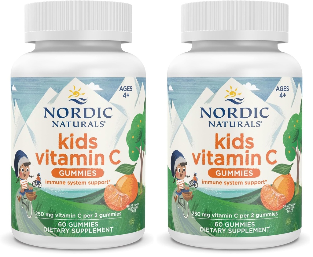 Nordic Naturals Kids Vitamin C Gummies - Tangy Tangerine - 60 Gummies - Vegan Vitamin C Supplement - Children’s Immunity and Antioxidant Support - 250 mg per Serving - 30 Servings (Pack of 2)
