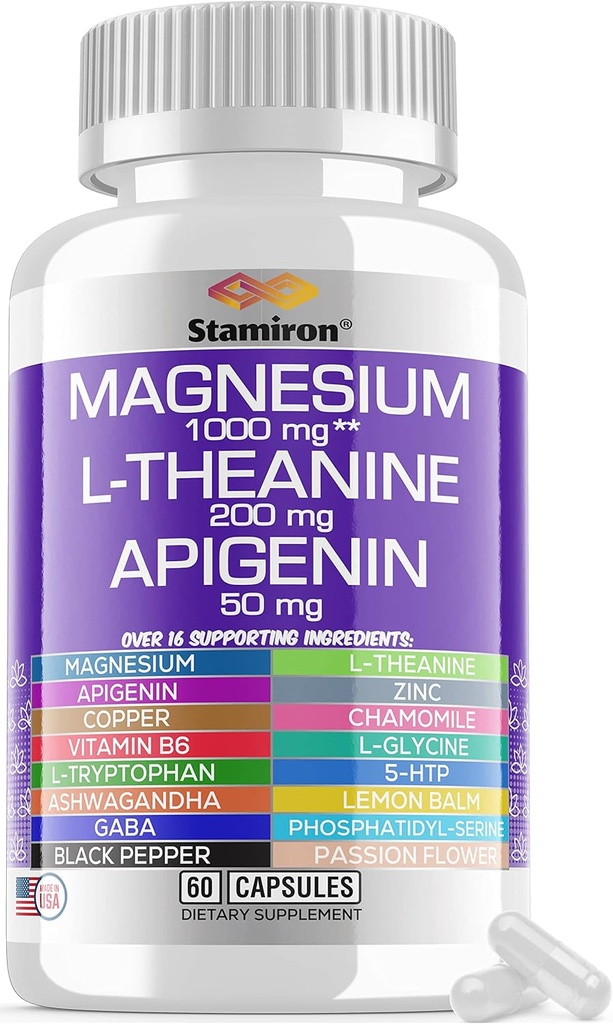 Magnezyum Kompleksi 1000 mg L Theanine 200 mg Apigenin 50 mg Supplement with Mag Glycinate Citrate Malate Taurate + Chamomile 5-HTP Passion Flower Lemon Balm B6 Ashwagandha ve L Tryptophan - ABD'de Yap