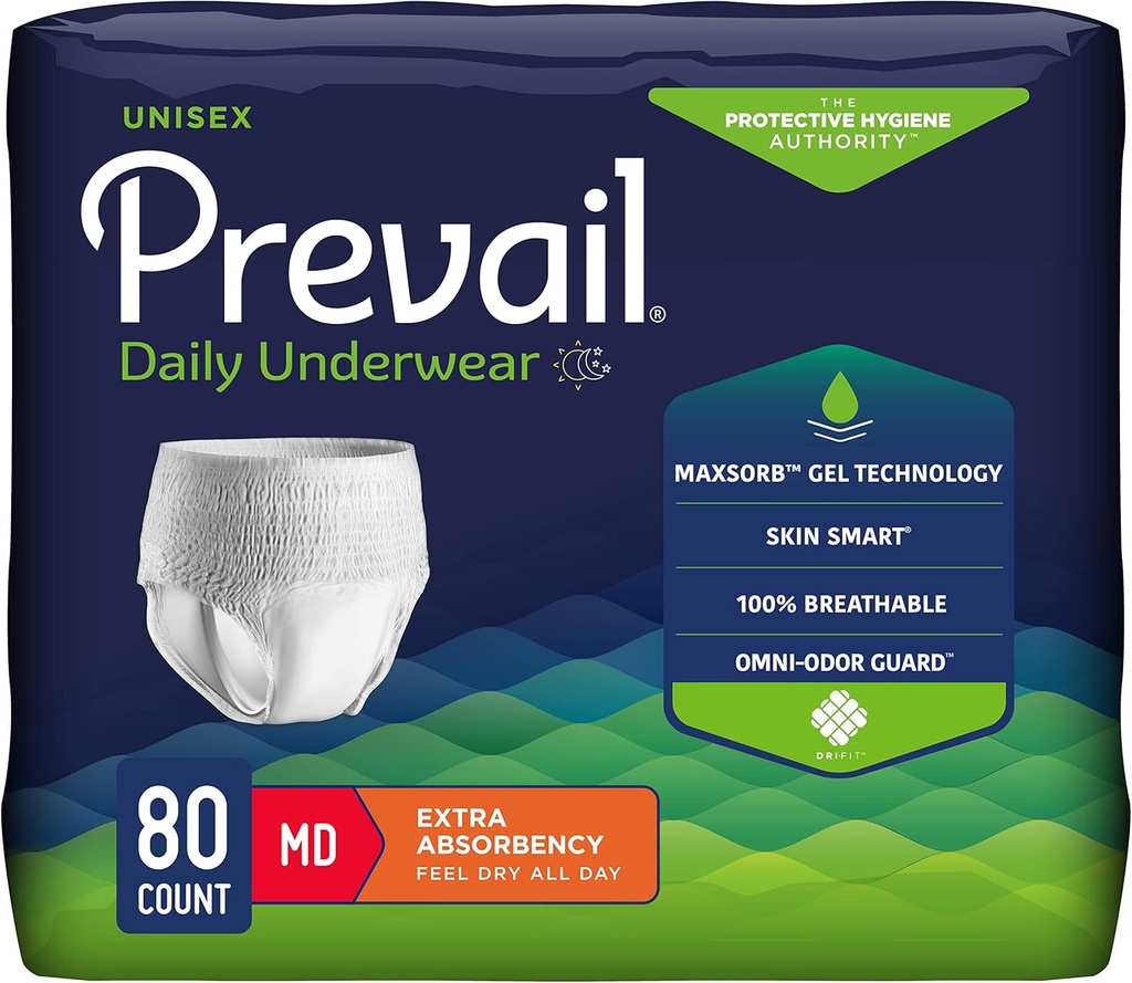 Prevail Daily Protective Underwear - Unisex Adult Incontinence Underwear - Disposable Adult Diaper for Men & Women - Maximum Absorbency - Medium - 80 Count (4 packs of 20)