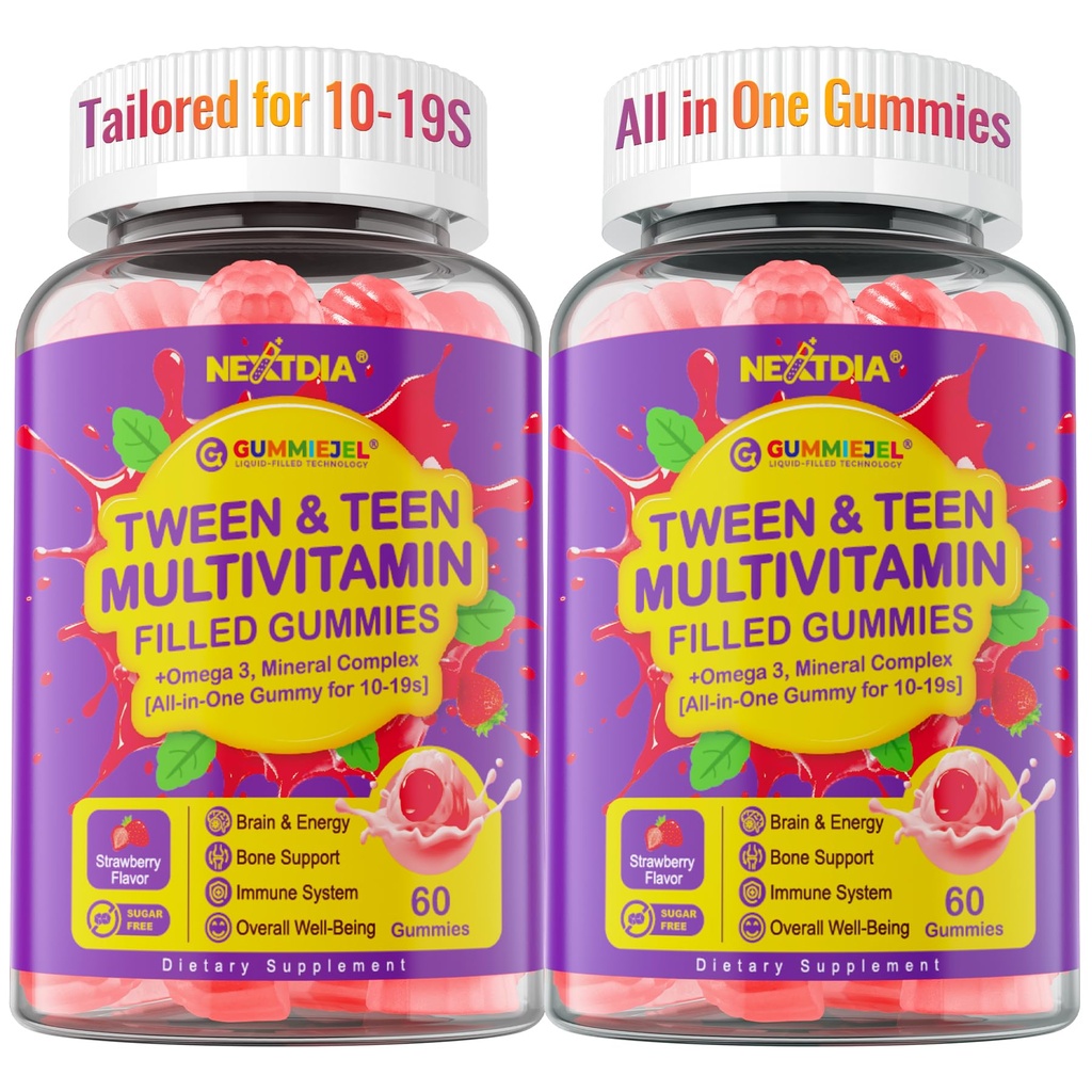 Multivitamin Filled Gummies for Teen Boys Girls 12-17, 18, 19, Kids 10+ Multivitamin with Omega 3, Calcium + Magnesium + Zinc, Multi-Minerals for Adolescent 10-19S Brain, Bone, Energy, Immune, 2Pack