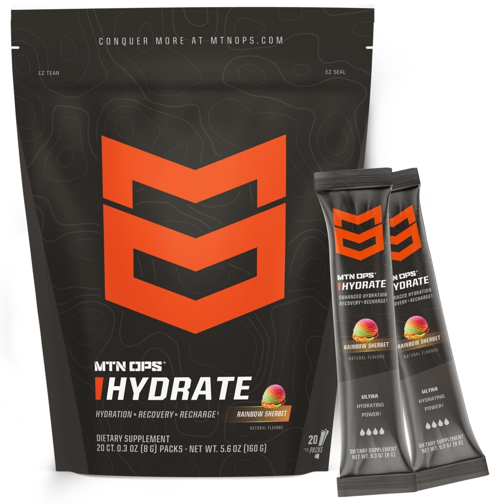 MTN OPS Hydrate Low Sugar Electrolyte Powder Drink Mix with 1g D-Ribose Sugar, 1000mg Electrolytes, On-The-Go Packs, 20 Stick Packs, Rainbow Sherbet