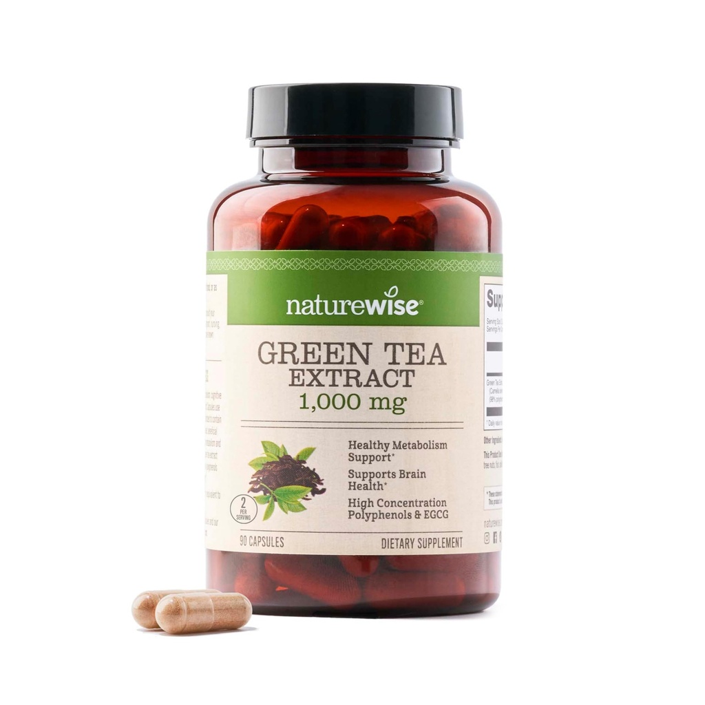 NatureWise Green Tea Extract Capsules 1000 mg -% 50 EGCG & 98 Polyols - Ekstra Güçlü Yeşil Çay Pilleri - Kalp Sağlığı ve Enerji - Vegan, Non-GMO - 90 Kont[45-Day Supply]