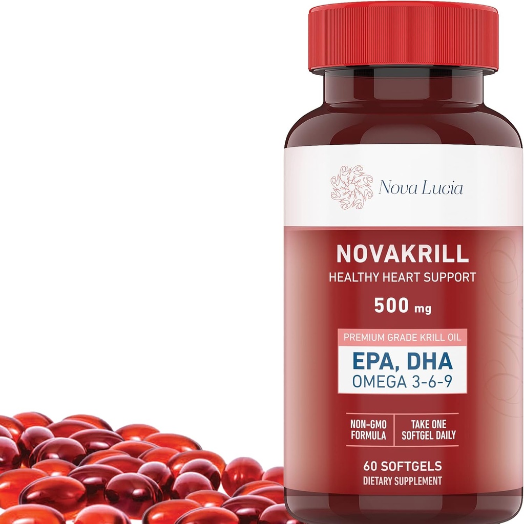 NovaKrill Krill Oil Omega 3 Supplement – EPA, DHA, Astaxanthin ile 1000 mg Softgels – No Fishy Aftertaste – Easy to Swallow Antarktika Krill Oil – 60 Liquid Capsules
