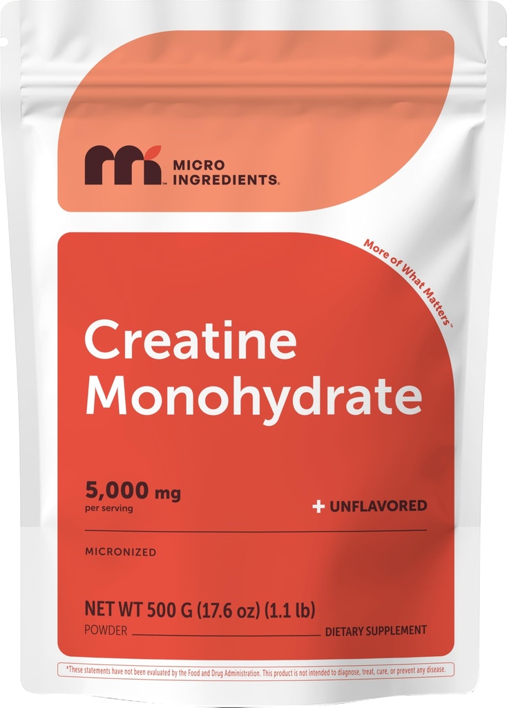 Micro Ingredients Creatine Monohydrate Powder 500 Grams (1.1 Lb), 5000mg Per Serving, Micronized Creatine Powder, Unflavored, No Filler, Keto & Vegan, Easy Dissolve, Pre Workout for Women & Men*