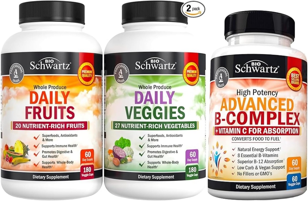 BioSchwartz Daily Fruits and Veggies Supplement for Women and Men (2 Ay Supply) B Kompleks Vitamin C (2 Ay Supply)