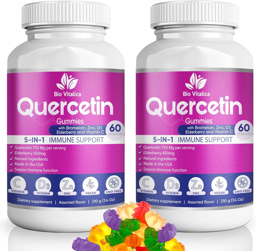 (2 Pack) BiyoVitalica tarafından Quercetin Gummies - Bromelain Vitamin C ve çinko & Yaşlılar + Vitamin D3-5 1 Immune Support - Çinko Quercetin 750 mg for Kids and Yetişkinler