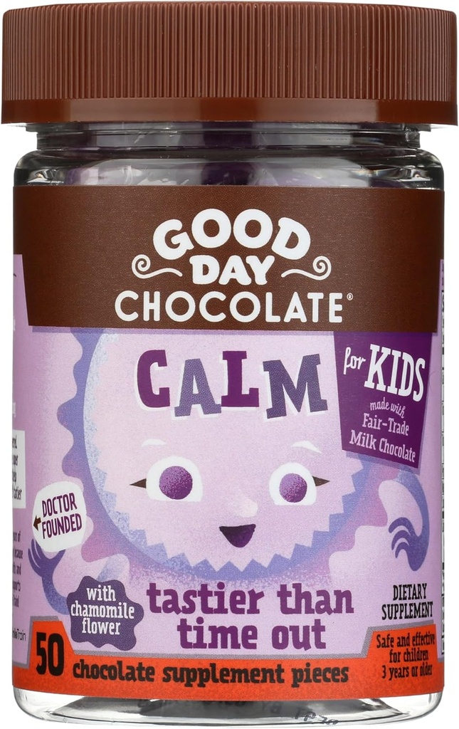 Çocuklar için İyi Day Chocolate Natural Calming Supplement, Camomile, L-Theanine, Fair Trade and Non-GMO Chocolate, 50 Pieces